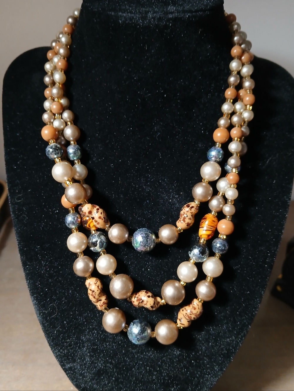 Vintage Japan Three Strand Adjustable Necklace faux Pearl Beads Elegant